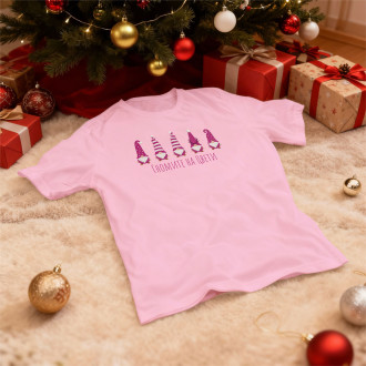 Персонализирана Коледна Тениска "Магически Гноми"-Розов-S