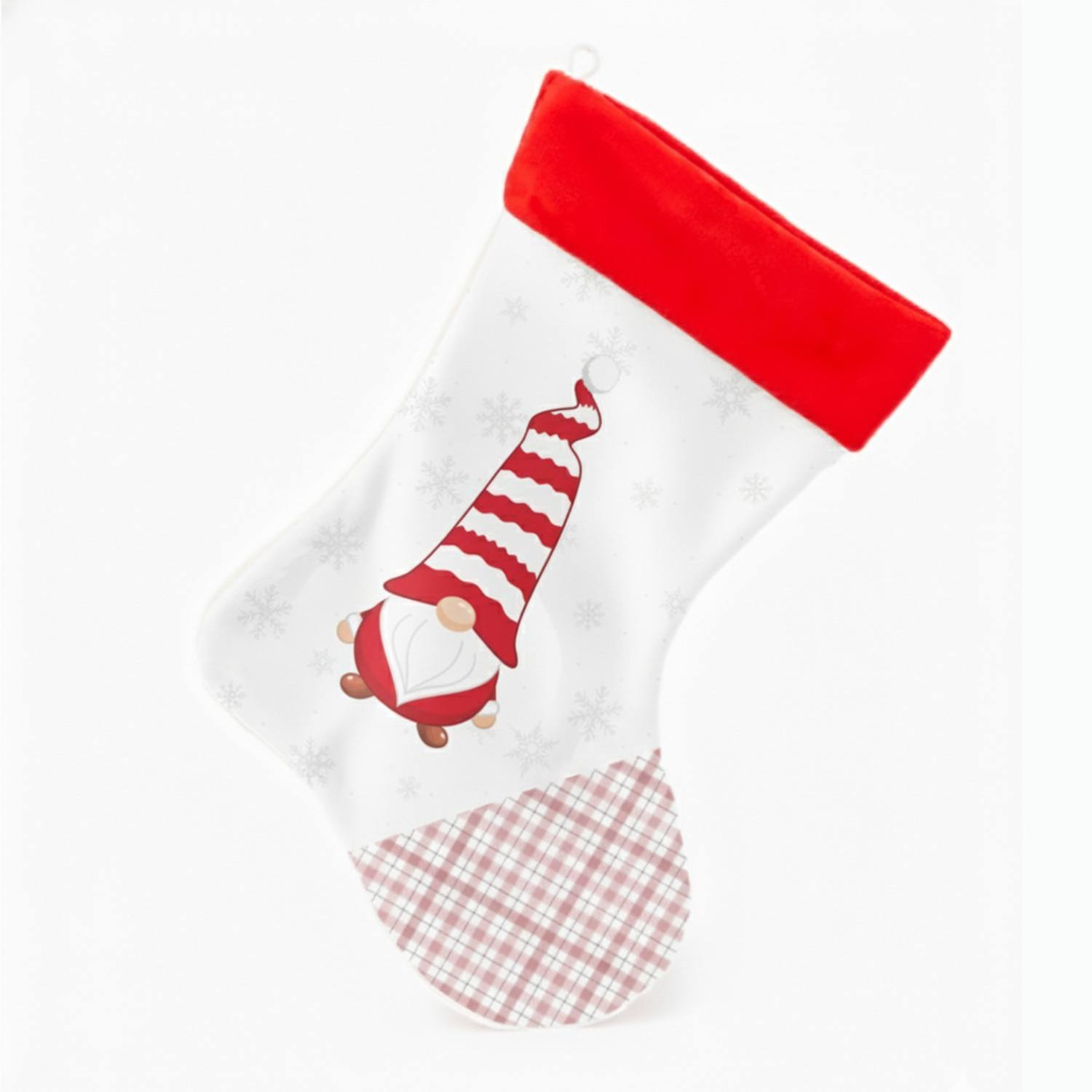 Персонализиран коледен чорап с гном с червена шапка на снежинки